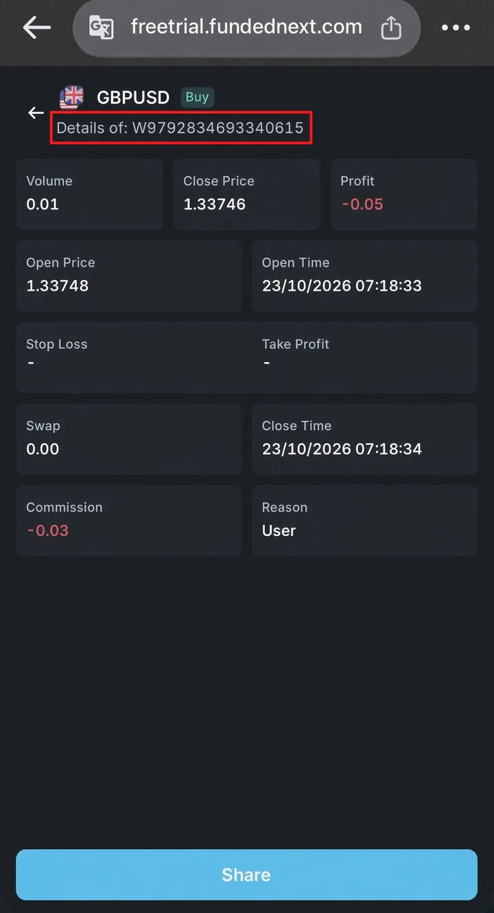 Detalii ale unei tranzacții în MatchTrader (FundedNext), plasată manual — eticheta este evidențiată cu roșu