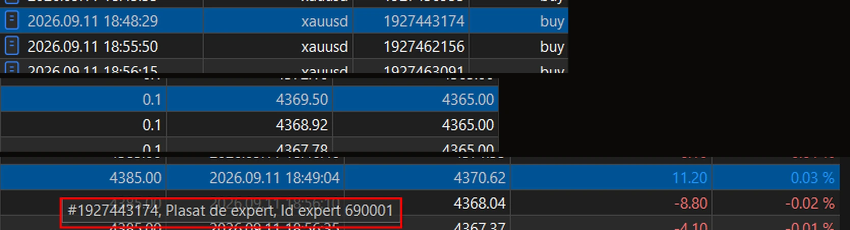 Detalii ale unei tranzacții în MetaTrader 5, plasată de alte copiatoare — eticheta este evidențiată cu roșu