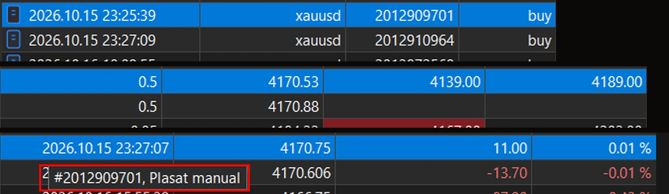 Detalii ale unei tranzacții în MetaTrader 5, plasată de KingCopier — eticheta este evidențiată cu roșu